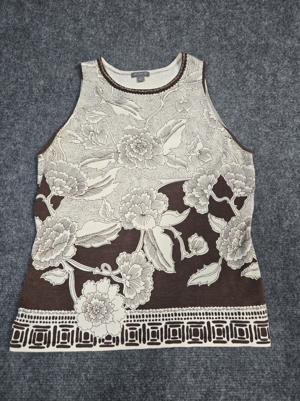 Ann Taylor Vtg Off-White & Brown Retro Floral Silk Mod Sleeveless Blouse Medium
